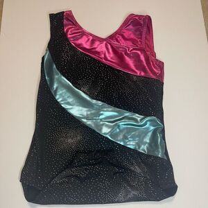 Girls Gymnastics Leotards Sleeveless Pink Blue Black Glittery Splice Size 12A/M